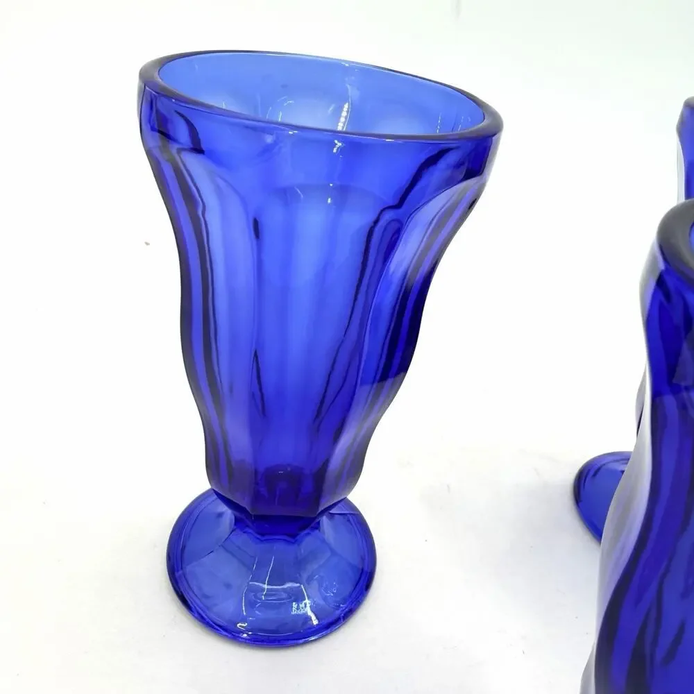 Vintage Set of 3 Cobalt Blue Retro Milkshake Parfait Fountain Glasses